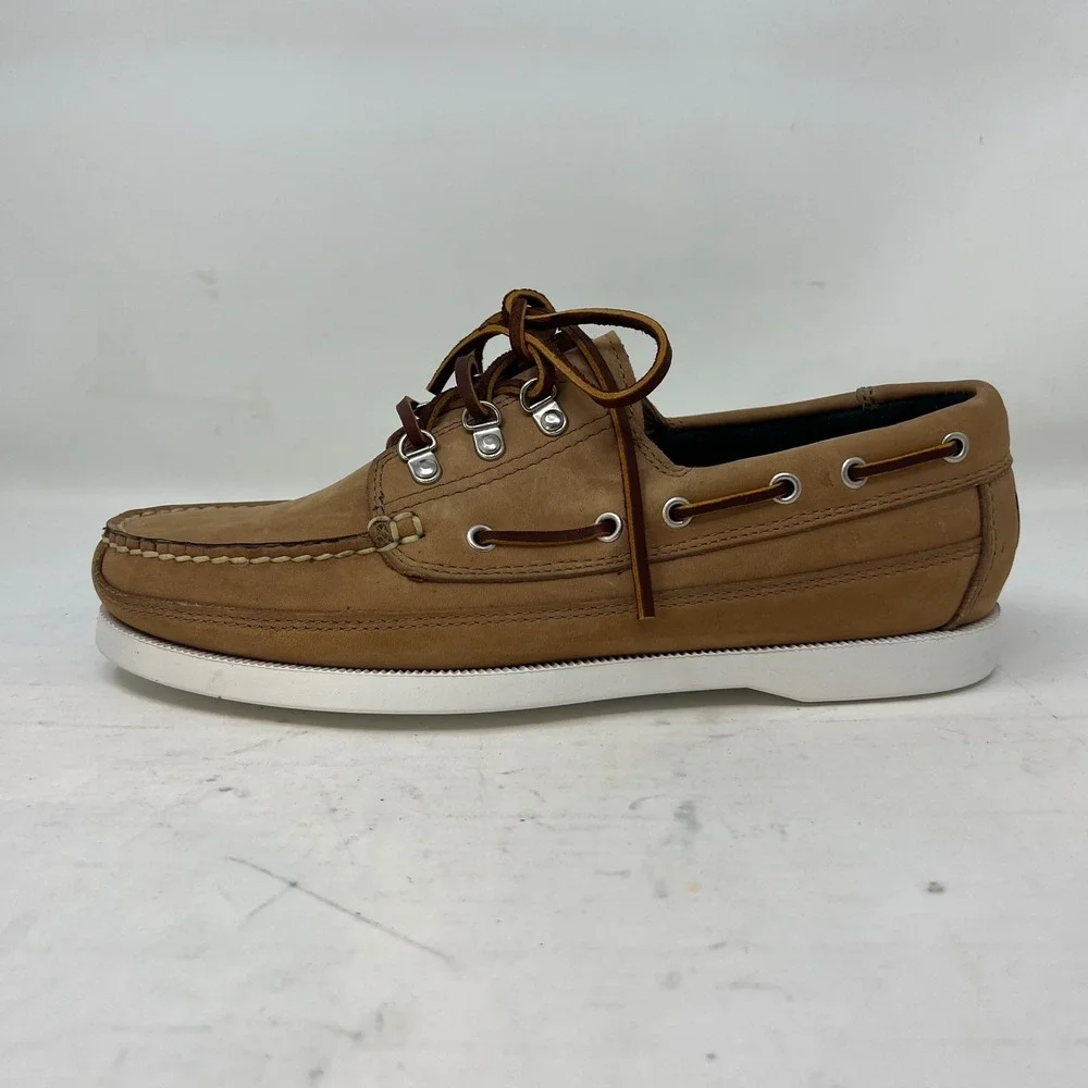 Polo Sport‎ Ralph Lauren Boat Shoes Tan Leather Moc Toe Beige Men's 8.5D VTG NEW